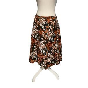 ecologie Linen Pleated Lined Midi Skirt Black Brown Floral Side Zip Size 12